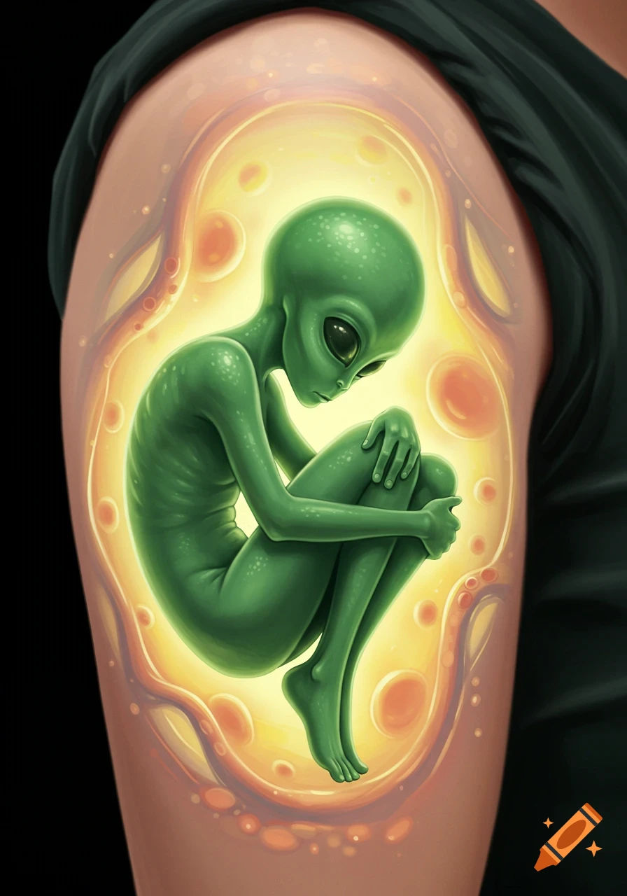 A glowing green alien embryo in a translucent sac on a human bicep, like an embedded alien tattoo.