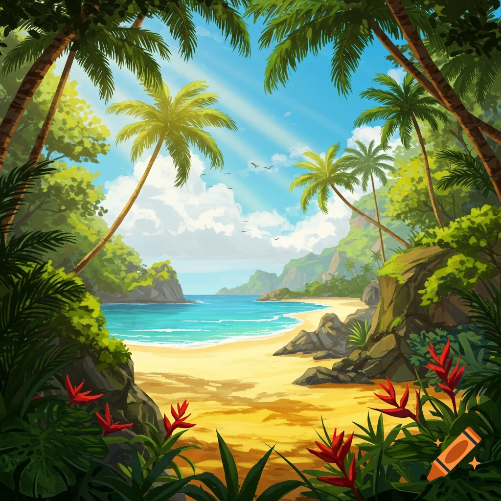 A vibrant illustration of a tropical beach with palm trees, blue ocean water, and lush green foliage under a sunny sky.