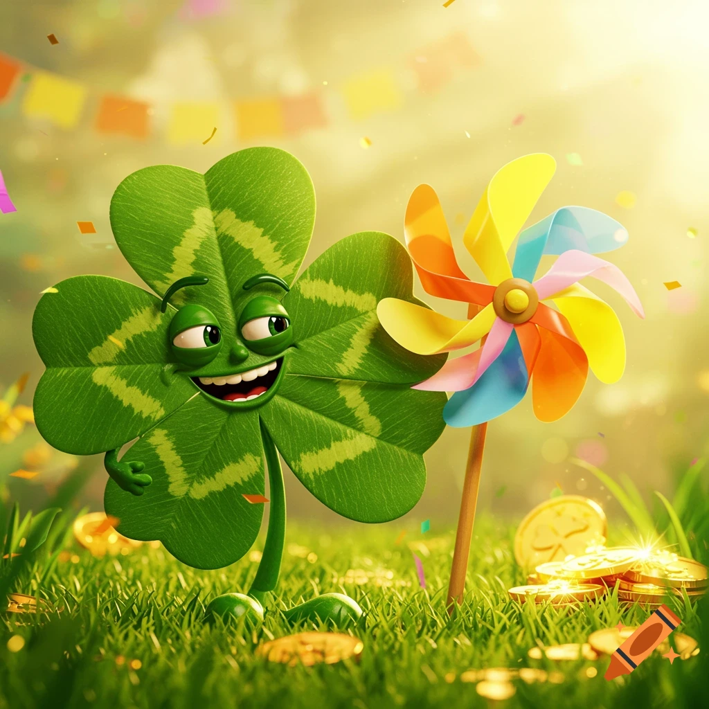 A happy cartoon shamrock stands in bright green grass with a colorful pinwheel, gold coins, and confetti under a sunny sky.