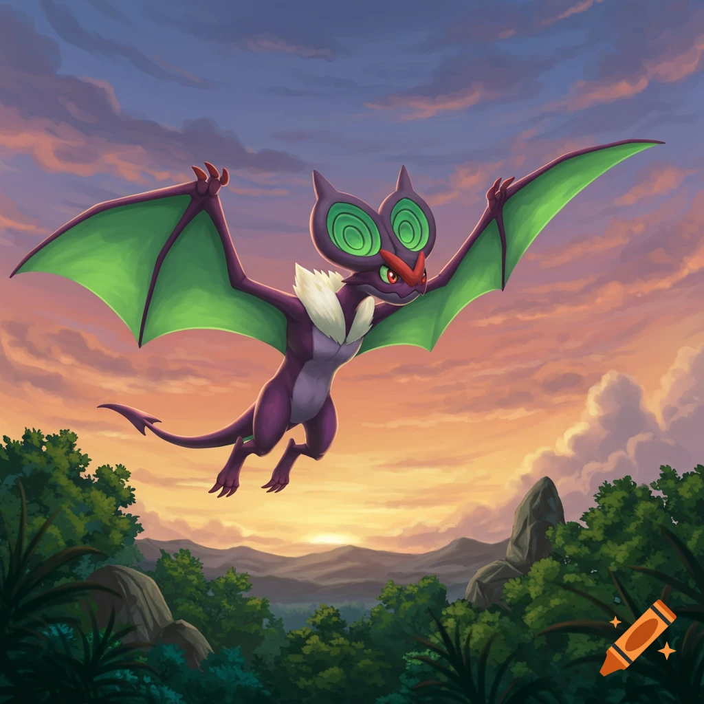 A purple bat-like Pokemon, Noivern, with large green wings, flies across a vibrant sunset sky above a green forest.