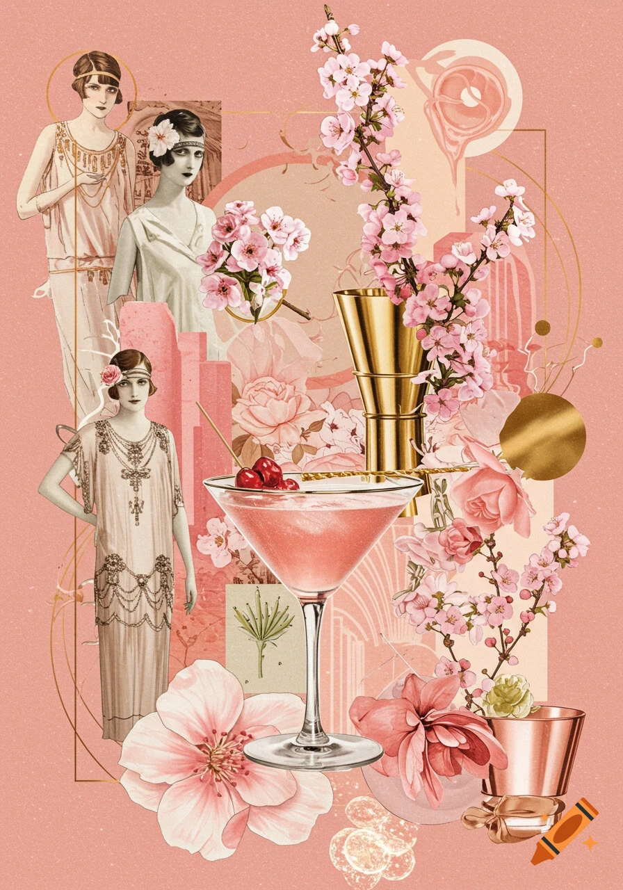 A pink-toned collage featuring Art Deco women in gowns, cherry blossom branches, roses, a martini glass with cherries, a gold cocktail jigger, and abstract gold lines.
