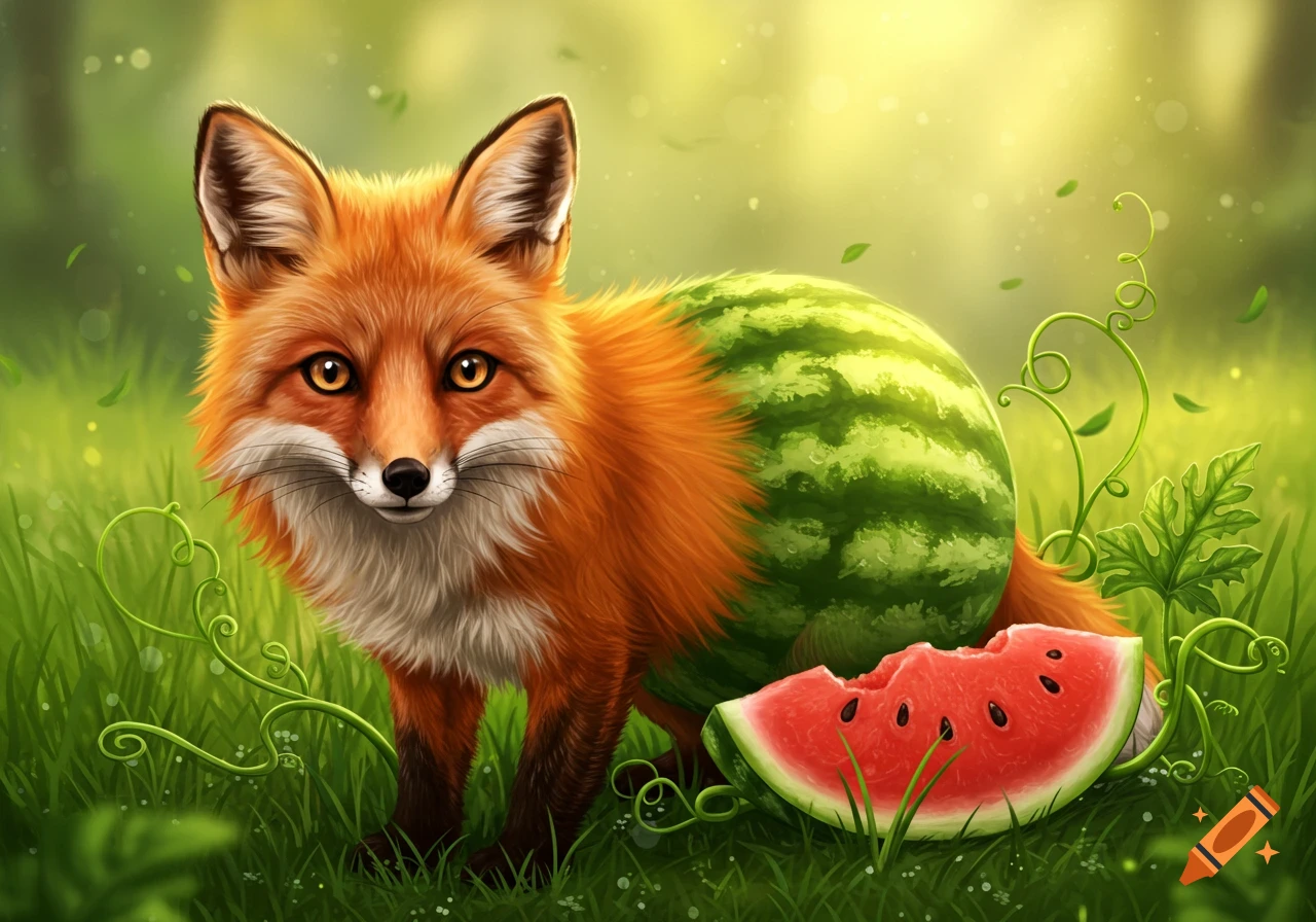 A creature that is half fox and half watermelon stands in a green, sunny field next to a sliced piece of watermelon.