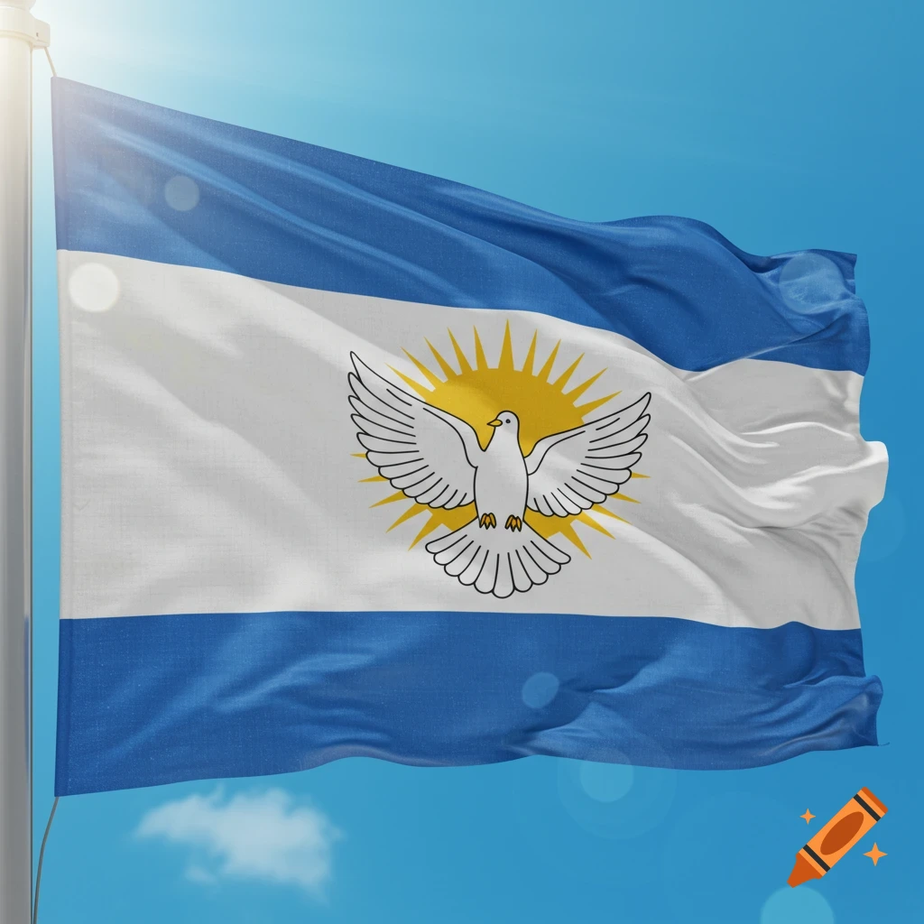 A photorealistic flag with a white dove and golden sun on a white stripe, bordered by blue stripes, waving against a bright blue sky.