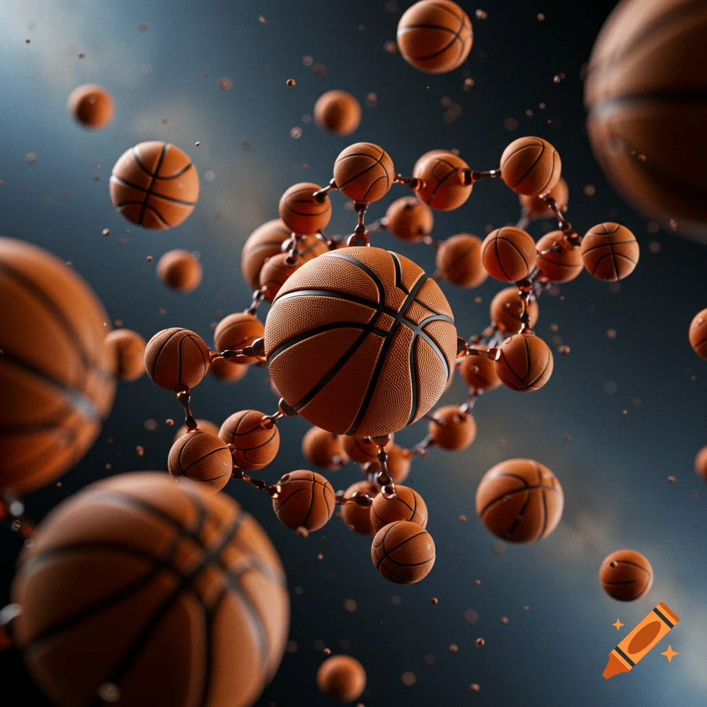 Photorealistic image of basketballs forming a molecular structure against a dark, blurry background, with other basketballs floating around.