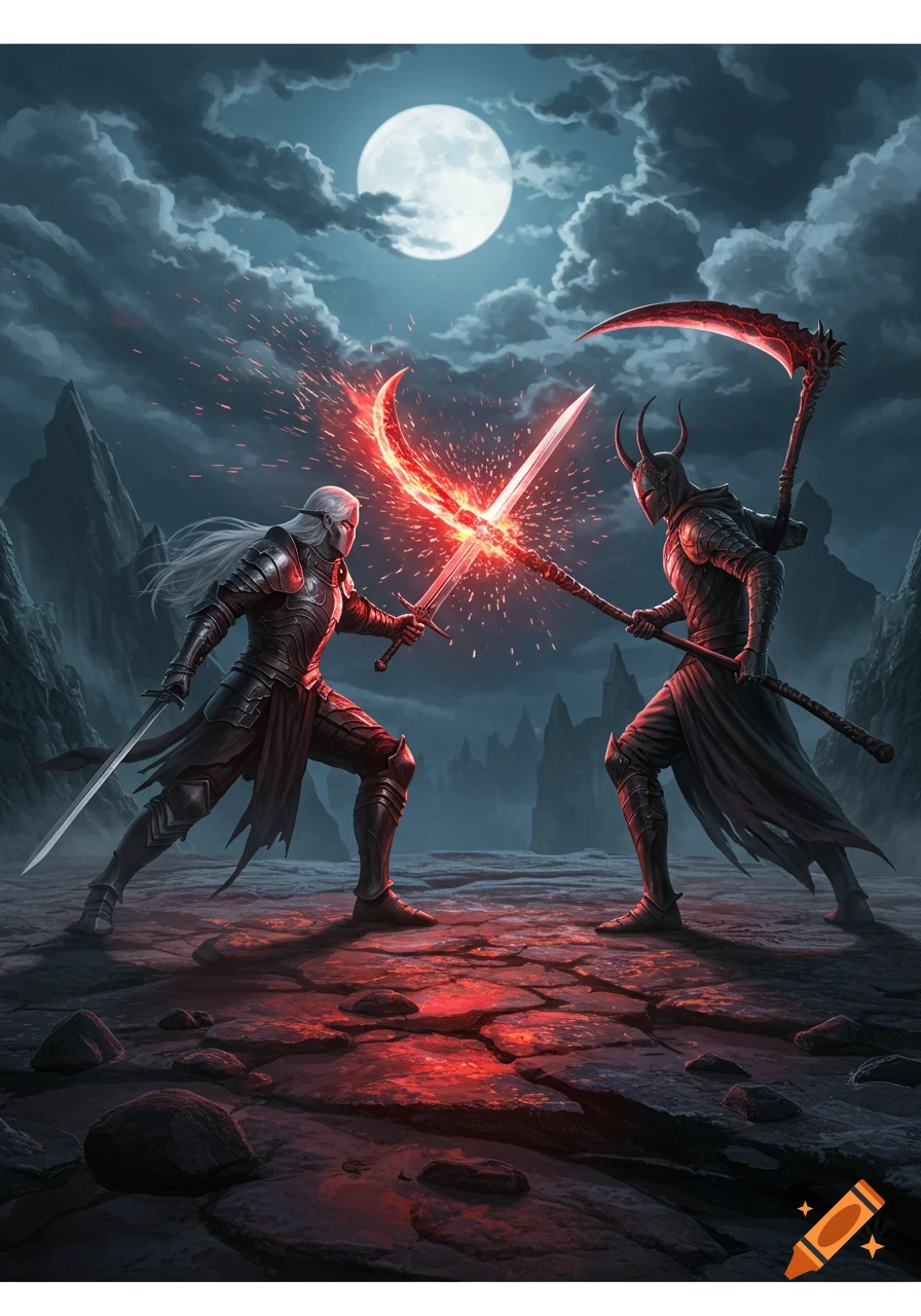 Two armored fantasy warriors battle under a full moon, one with a glowing red sword, the other with a scythe, in a dark, rocky landscape.