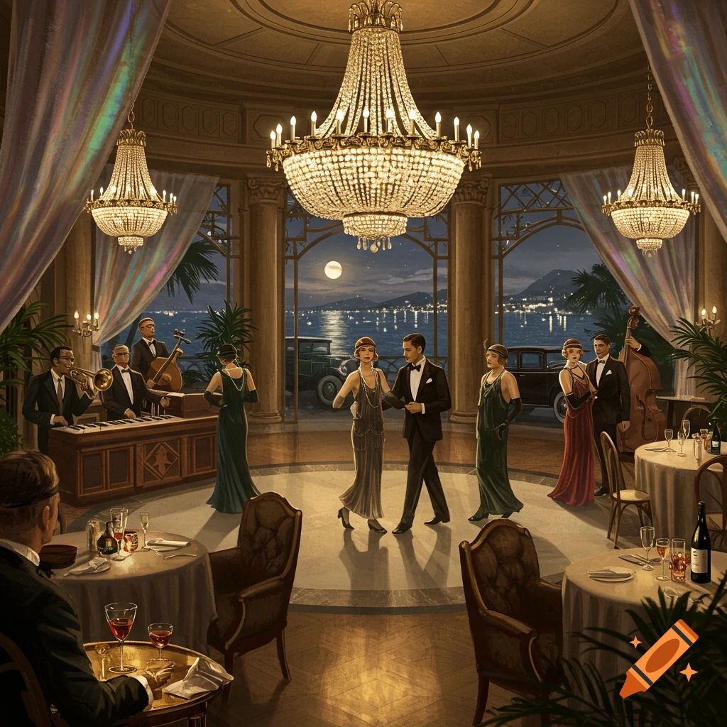 Grand Gatsby-era ballroom party with people dancing and a jazz band playing, overlooking a moonlit bay at night in an illustrative style.