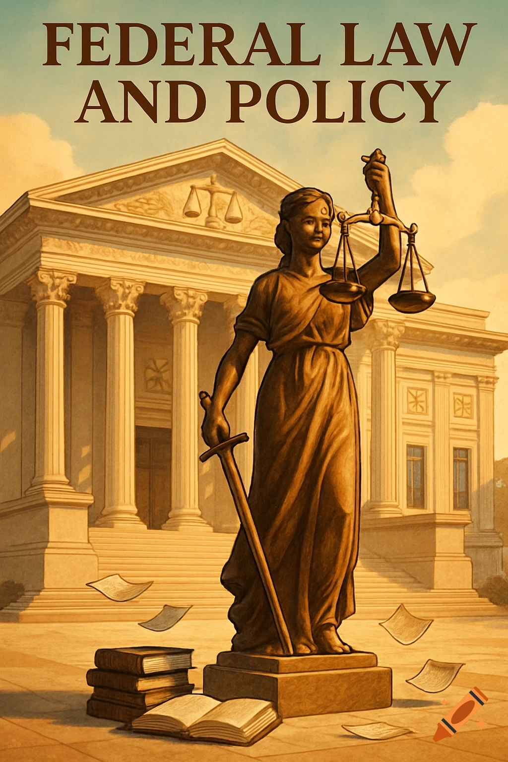 Illustration of Lady Justice with scales and a sword in front of a courthouse, with 'FEDERAL LAW AND POLICY' text.
