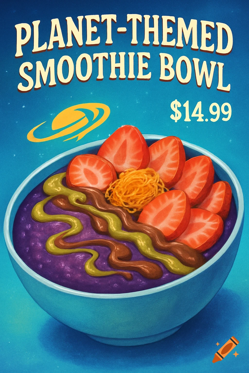 A colorful, illustrative planet-themed smoothie bowl with purple base, strawberries, kaitaifi, green and brown drizzles, set against a blue space background with a yellow planet logo. Text reads 'PLANET-THEMED SMOOTHIE BOWL $14.99'.