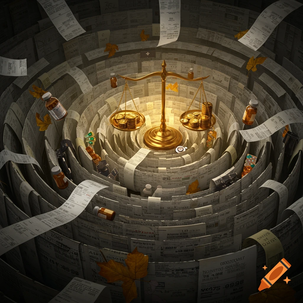 A golden balance scale sits in a swirling vortex of paper receipts and medicine bottles, symbolizing healthcare costs and financial burden.