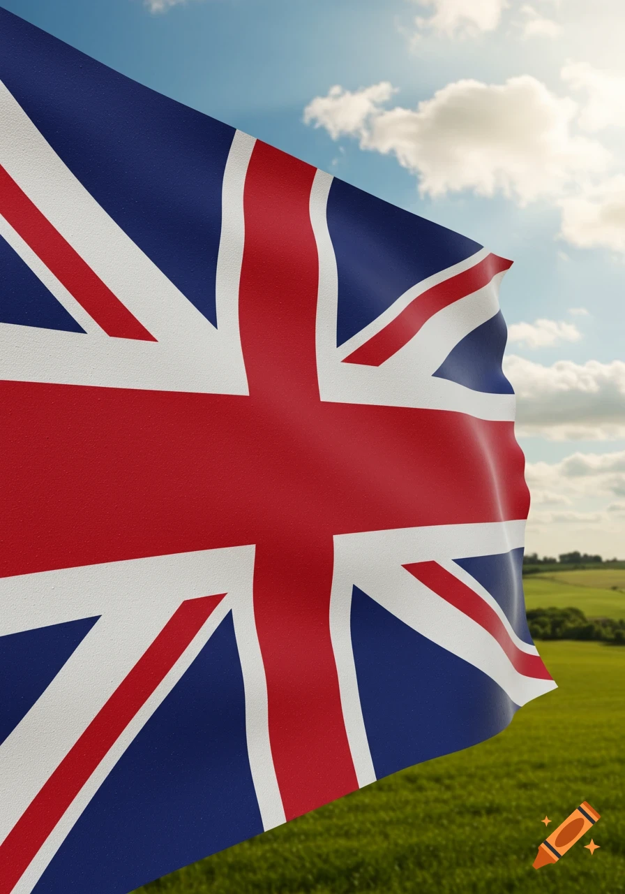 A close-up view of the United Kingdom flag, also known as the Union Jack, waving against a bright blue sky with clouds and a green field in the background.
