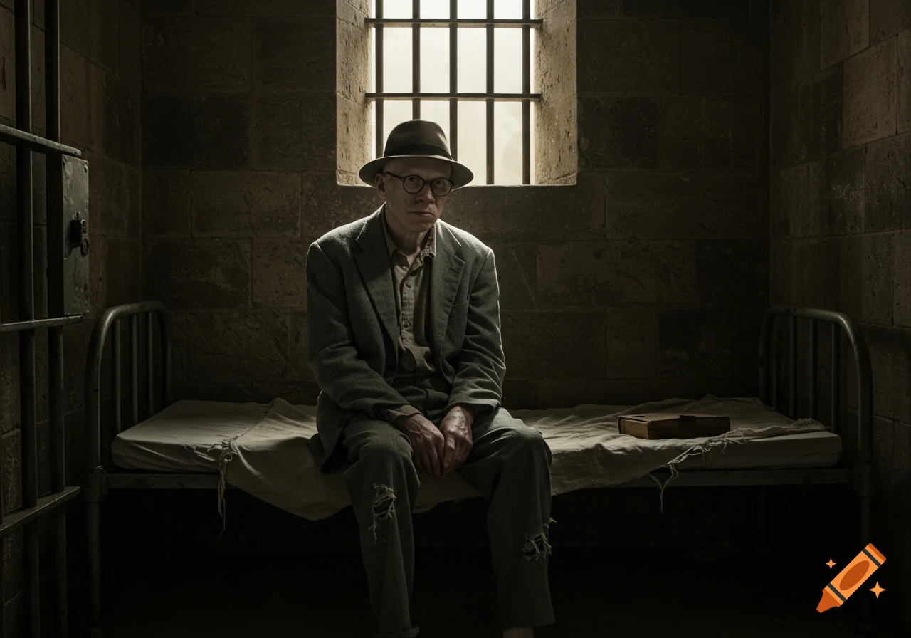 A photorealistic image of a sad-looking older man in a hat, glasses, and tattered clothes sitting on a bed in a dark jail cell.
