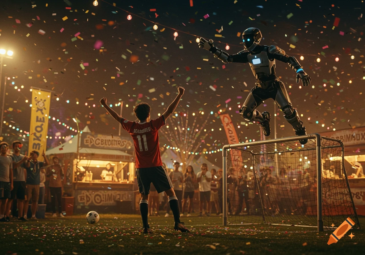 A soccer player with arms raised in celebration after scoring a goal, with a robot goalkeeper leaping over the goal, at a vibrant night festival filled with confetti.