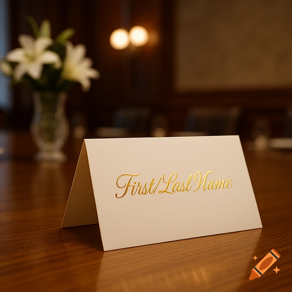 A white name tent with 'First/Last Name' in gold cursive sits on a wooden table in a conference room.