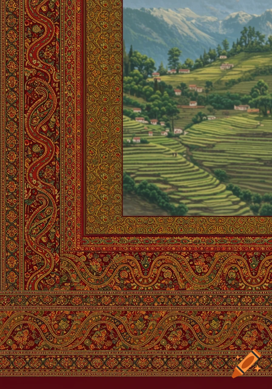 Red and gold patterned textile border framing a view of terraced green fields, small houses, and mountains.