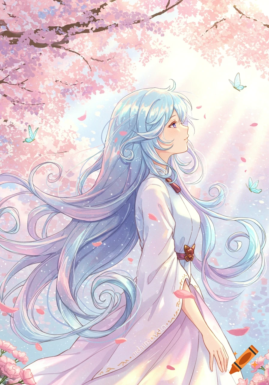Anime girl with long light blue hair in a white dress under pink cherry blossoms with falling petals and butterflies. Ethereal style.