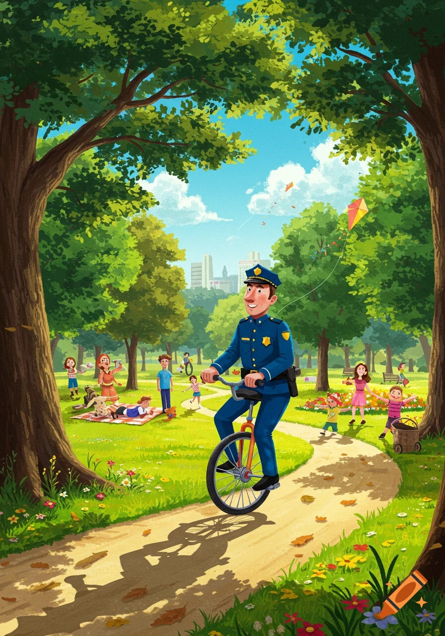 A cartoon illustration of a police officer riding a unicycle on a path in a sunny park with people and trees.