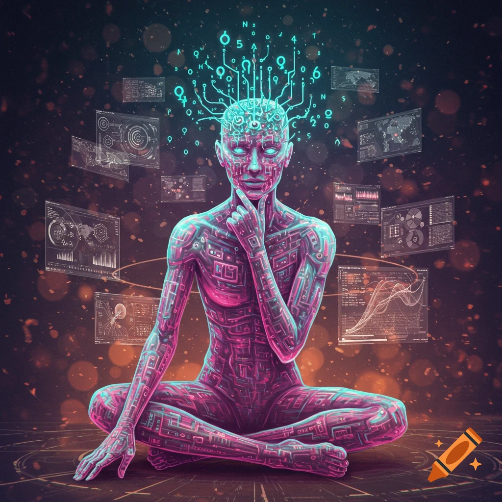 A glowing humanoid AI being made of circuits sits in a meditative pose, surrounded by floating holographic screens displaying data and connections.