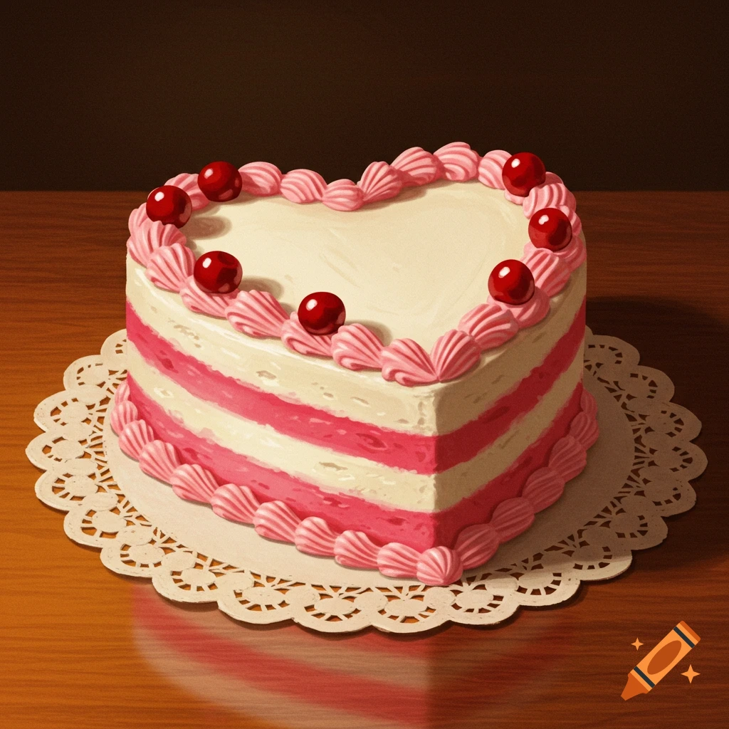 A heart-shaped cake with pink and white frosting and red cherries sits on a white doily on a wooden table.