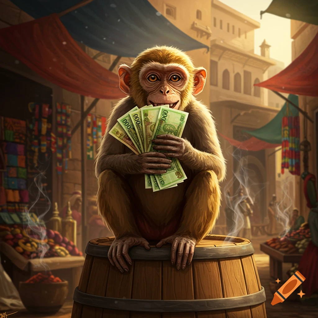 A smiling monkey sits on a wooden barrel, fanning out green money bills in a bustling, vibrant marketplace.
