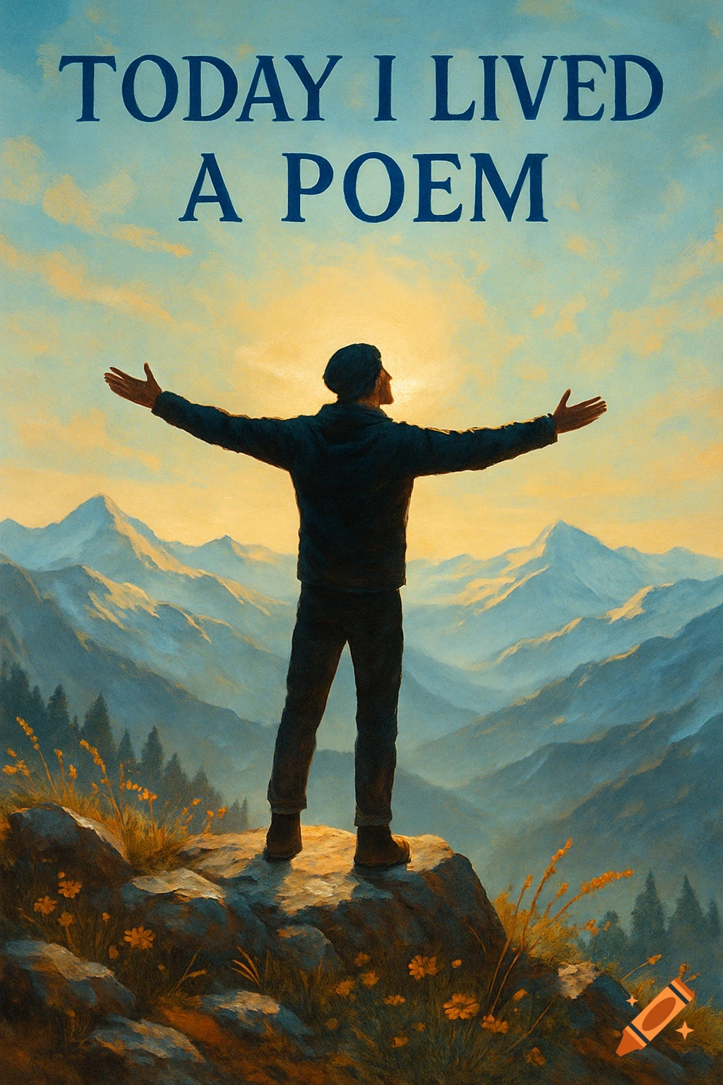 A person with outstretched arms on a mountain peak at sunrise, with text 'TODAY I LIVED A POEM' in a painterly style.