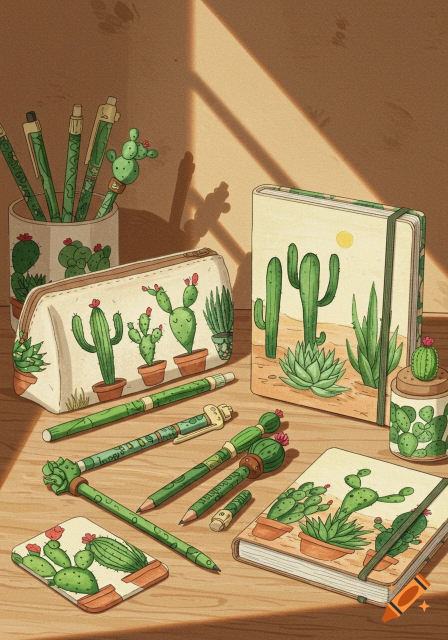 A cactus-themed stationery set on a wooden desk, including pens, pencils, notebooks, and a pencil pouch, under dappled sunlight.