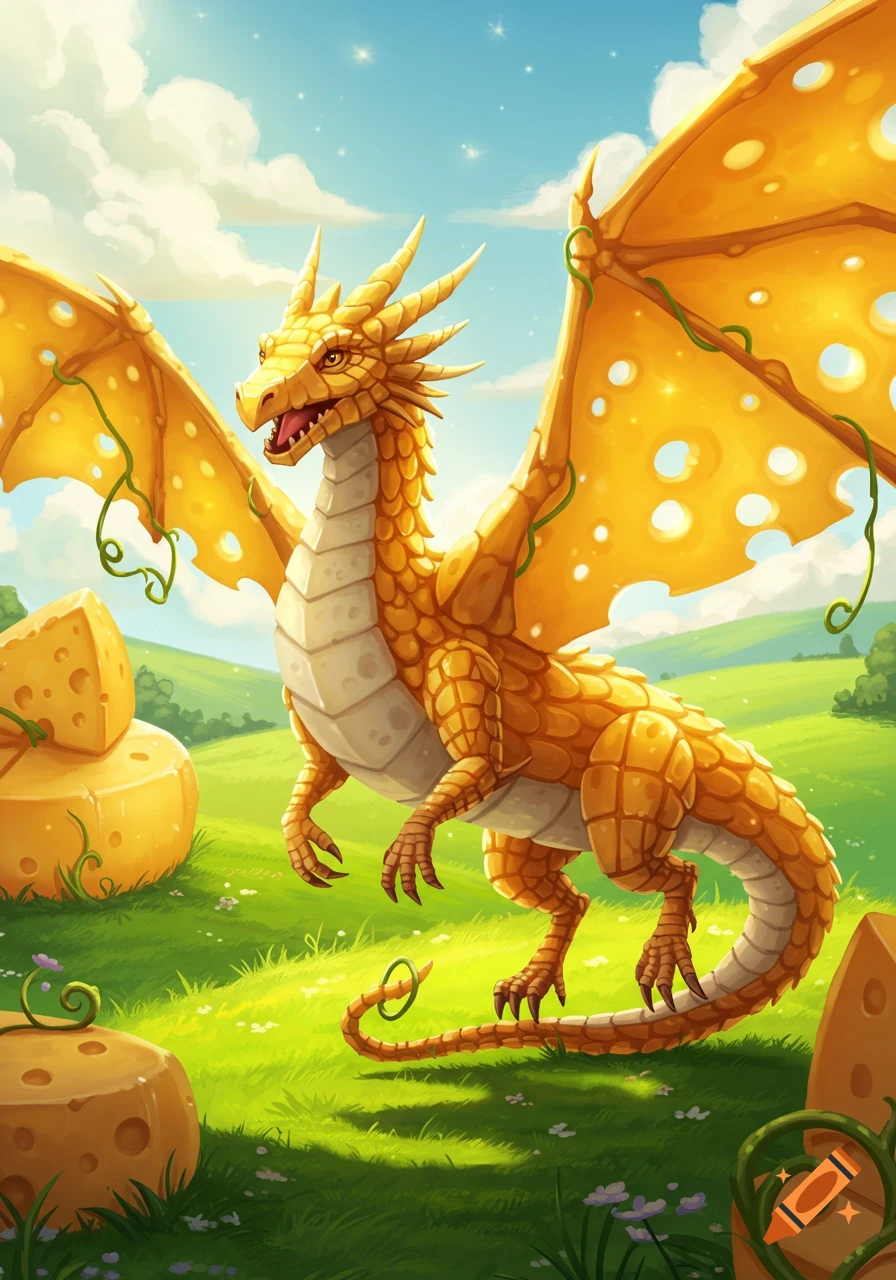 Cartoon illustration of a yellow dragon made of cheese, with holes like Swiss cheese on its wings and body, standing in a sunny green field with large cheese blocks.