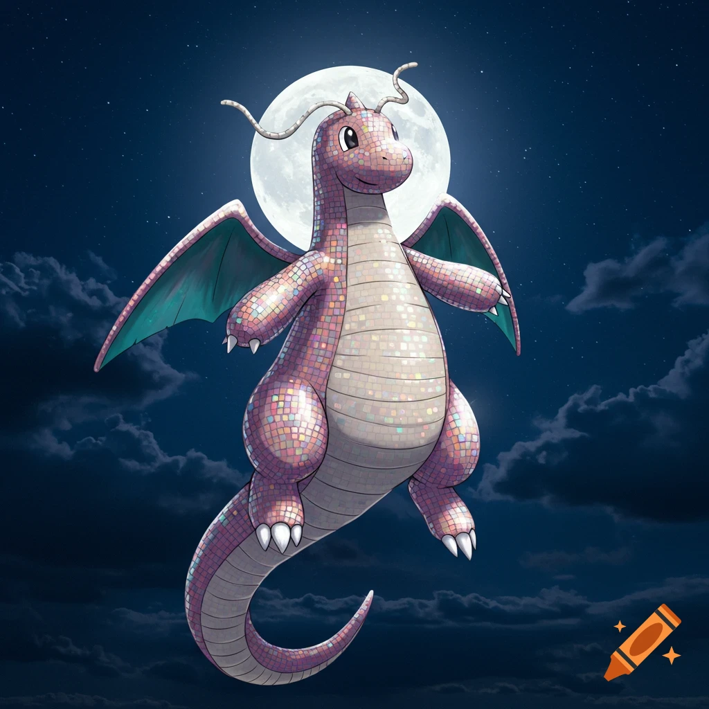 A disco ball textured Dragonite hovers in the night sky, backlit by a full moon.