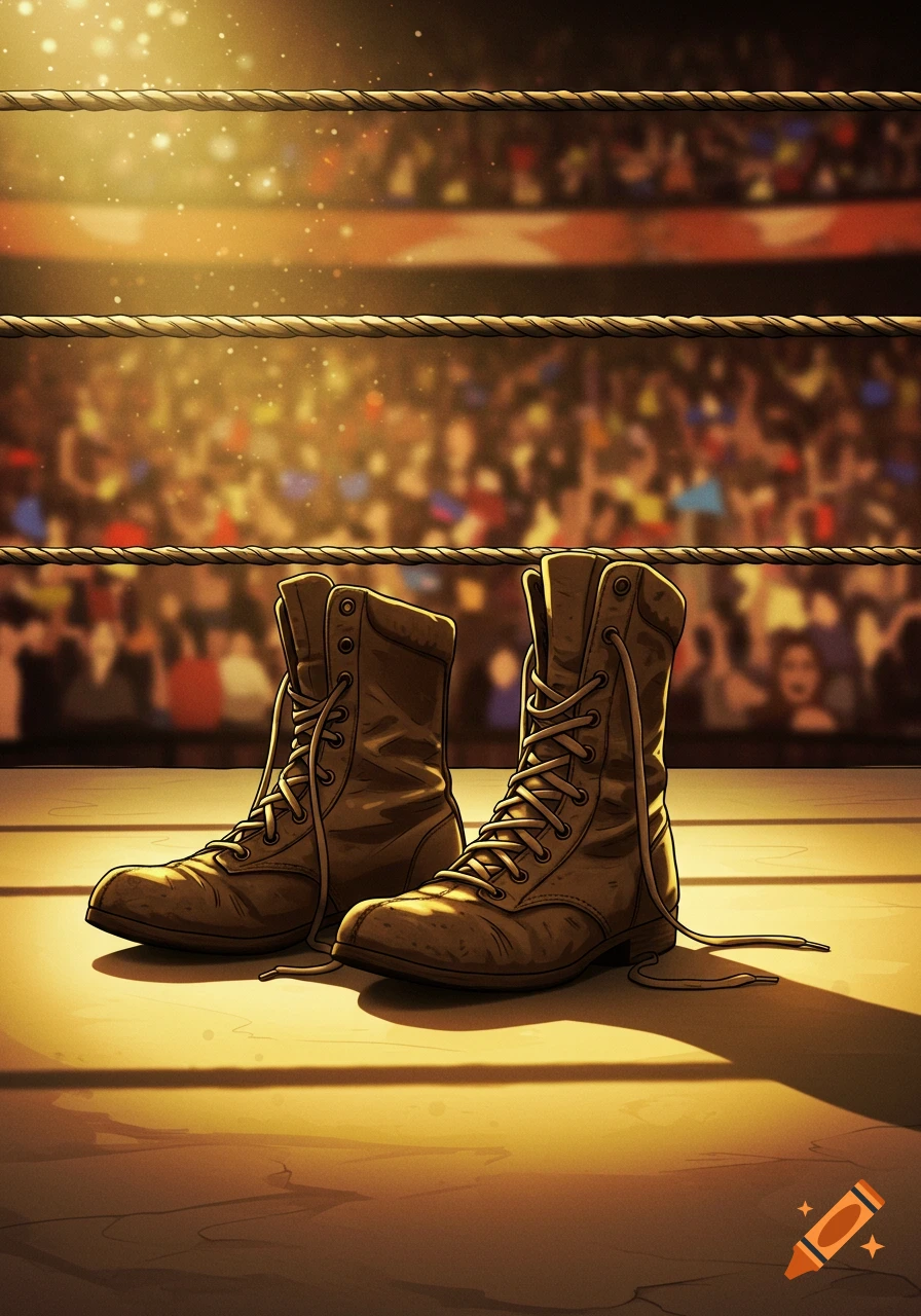 Empty brown wrestling boots resting on a brightly lit wrestling ring, with a blurred crowd in the background in an illustrative style.