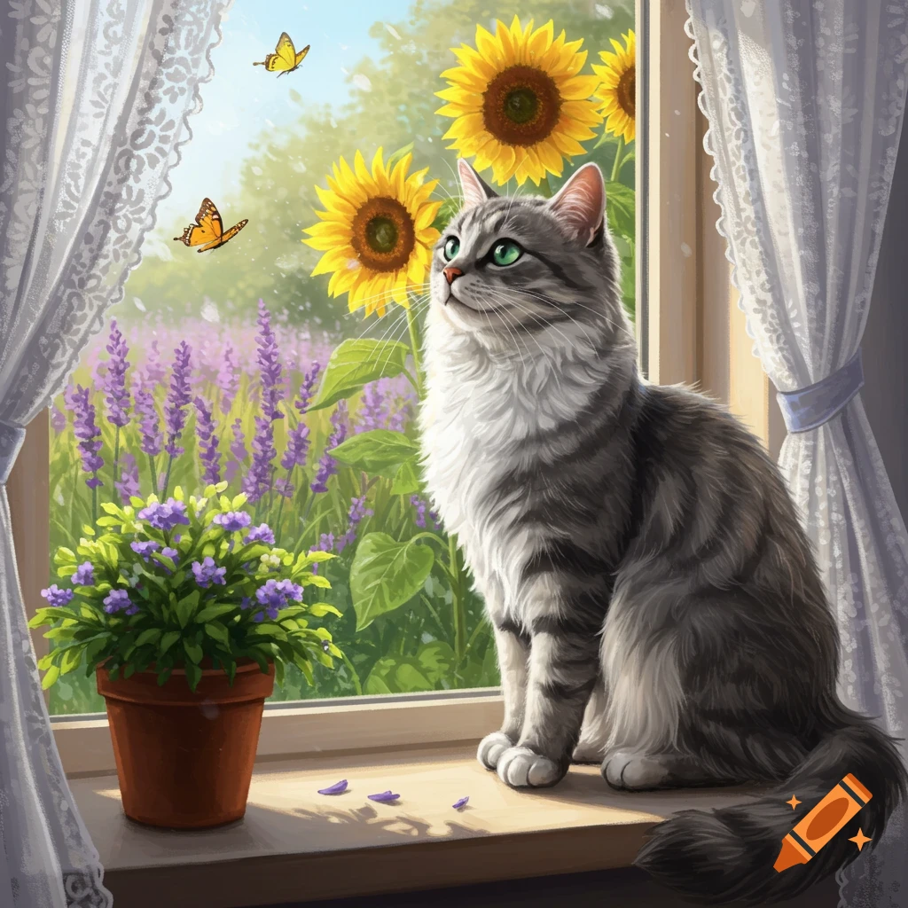 A grey tabby cat sits on a windowsill, looking up at butterflies outside with a field of lavender and sunflowers beyond. Digital art.