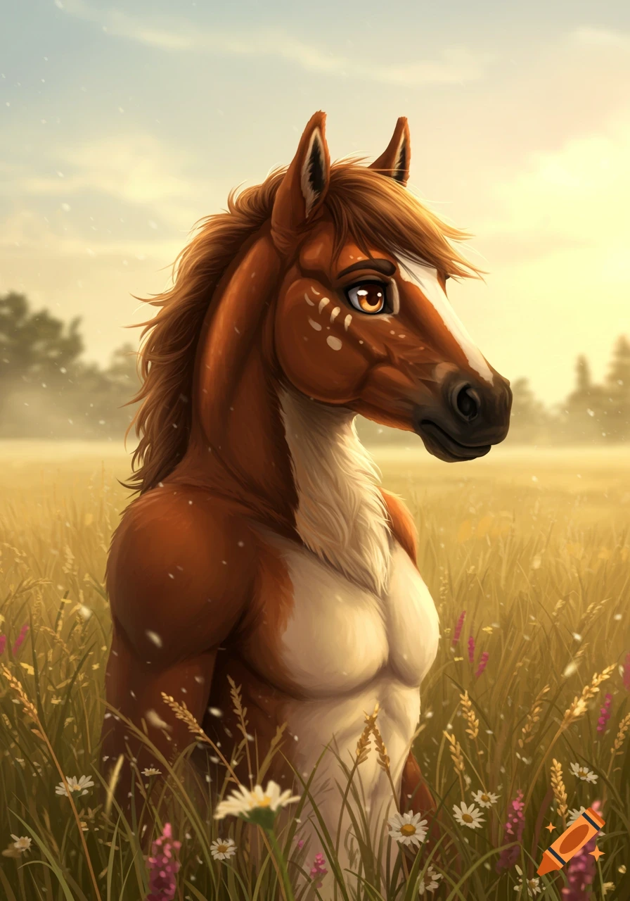 An anthropomorphic horse with a muscular brown and white torso stands in a sunny field of tall grass and wildflowers, in a fantasy art style.