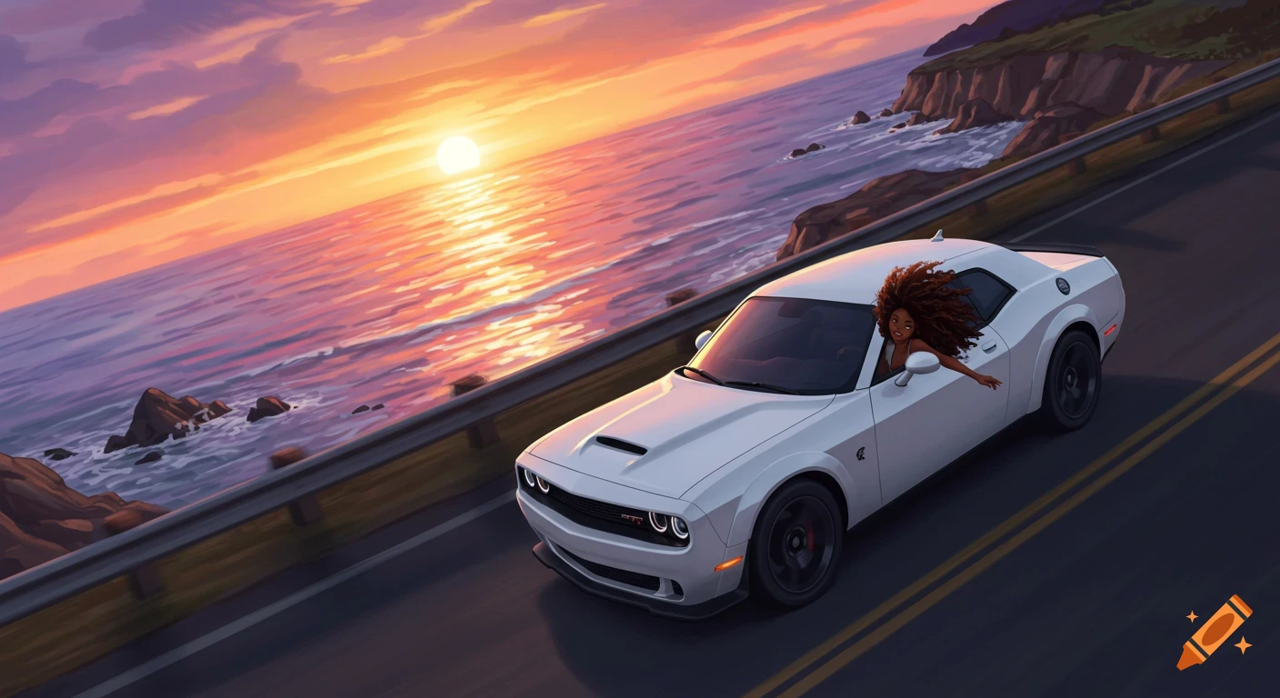A white Dodge Challenger drives along a coastal road at sunset, with a Black girl leaning out the window, her hair blowing.