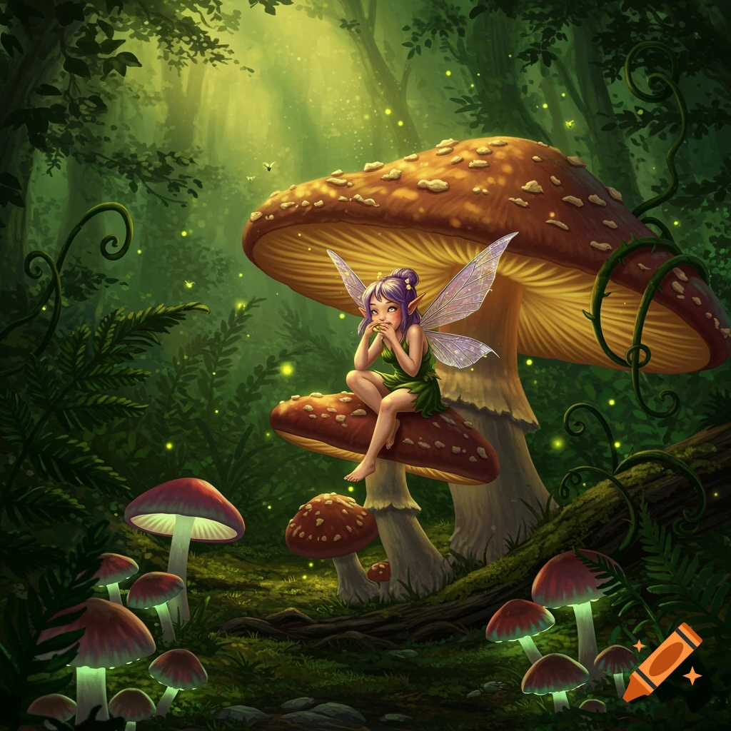 A small fairy with violet hair and translucent wings sits on a large mushroom in a glowing, magical forest.