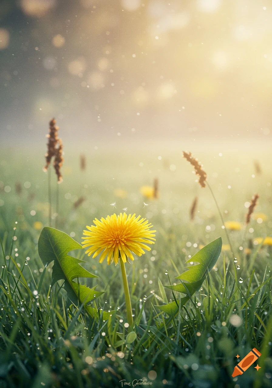 A close-up, dreamlike shot of a bright yellow dandelion in a dewy green field, with sunlight filtering through in the background.