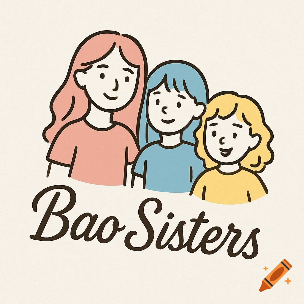 A cartoon logo featuring three smiling girls with different hair colors (pink, blue, yellow) and the text "Bao Sisters" below them.