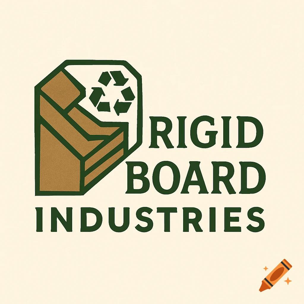 A two-color flat logo for Rigid Board Industries, featuring a brown stylized cardboard box with a green recycling symbol inside, all on a light cream background.