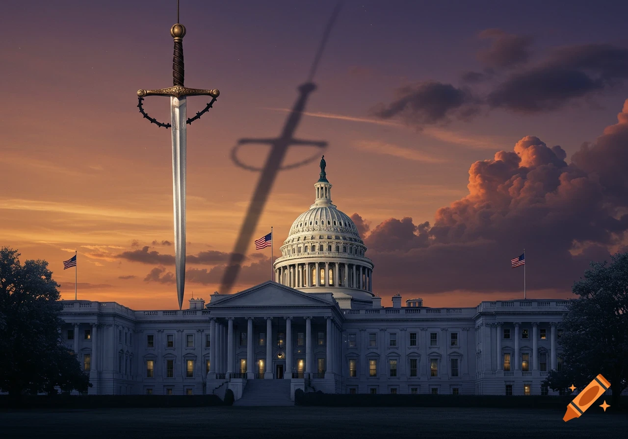 A giant sword hangs over the US Capitol Building at sunset, casting a long shadow.