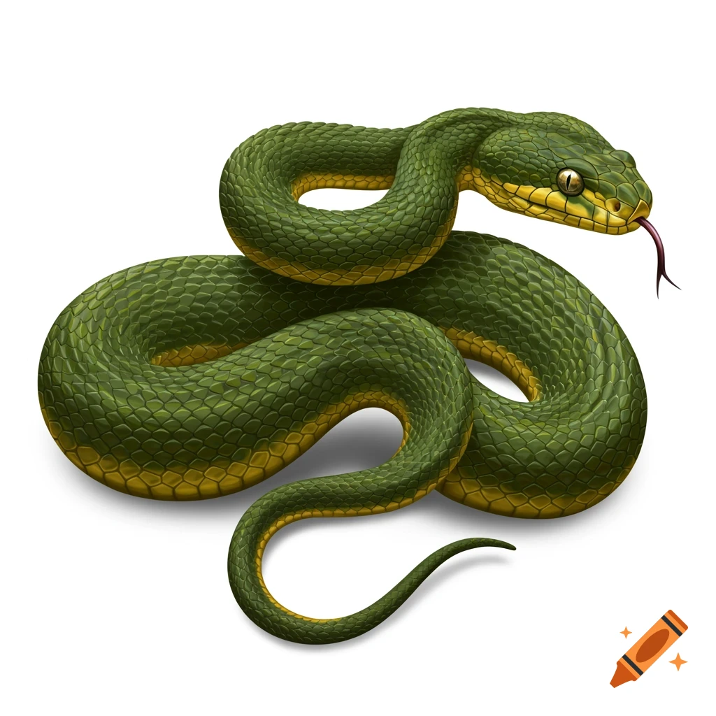 A detailed illustration of a coiled green snake with yellow markings, its tongue flicking out, against a white background.