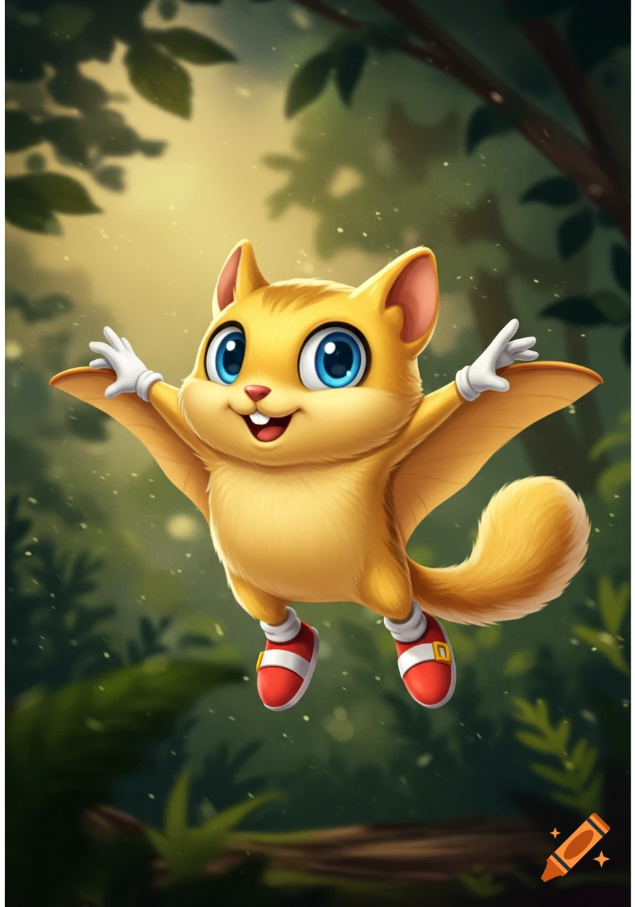 A cute, chubby yellow flying squirrel with blue eyes, white gloves, and red and white sneakers glides in a sunlit forest.