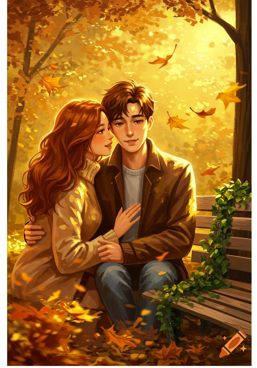 A digitally illustrated couple sits close on a bench in an autumn forest with falling golden leaves.