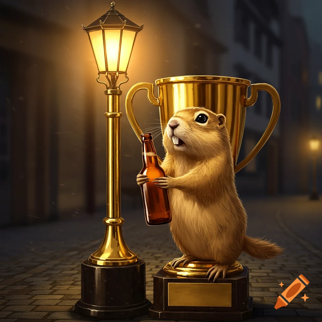 A photorealistic image of a gopher holding a beer bottle, standing next to a golden trophy and a glowing lamppost on a cobblestone street at night.