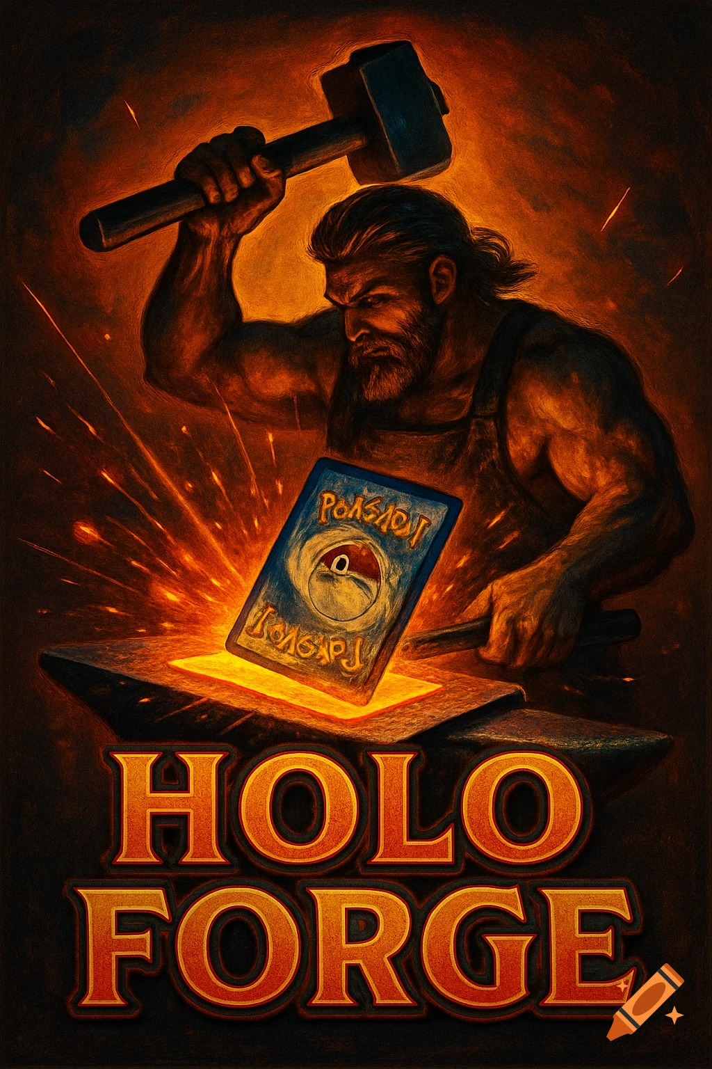 A muscular blacksmith in an apron lifts a hammer over a glowing Pokemon card on an anvil, surrounded by sparks, with the text "HOLO FORGE" below.