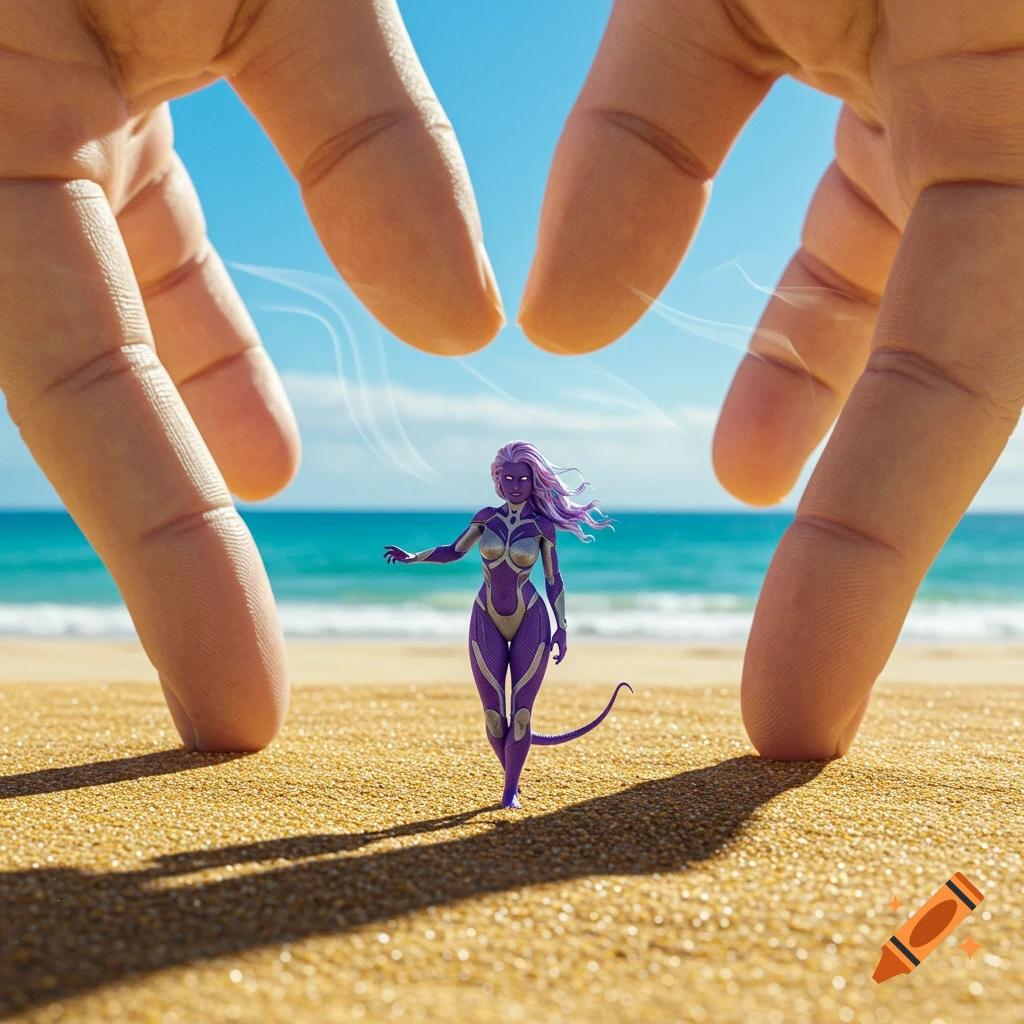 A tiny purple-skinned superheroine poses on a sunny beach between two giant human fingertips.