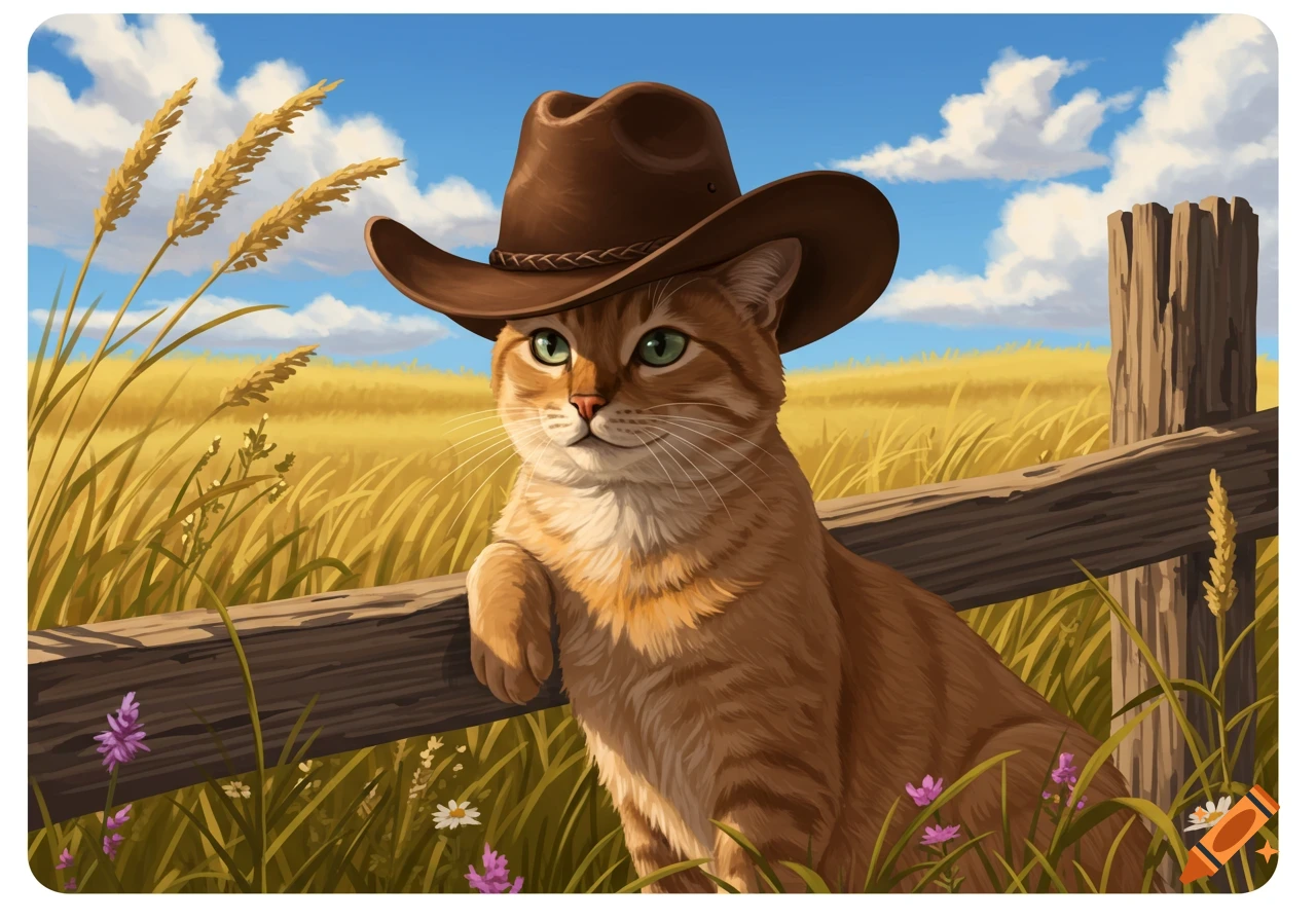 An orange tabby cat wearing a brown cowboy hat sits in a golden field next to a wooden fence under a blue sky.