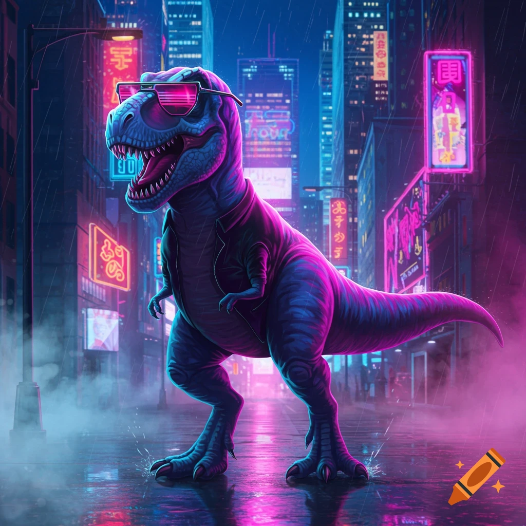 A stylized, blue and purple neon T-Rex wearing pink sunglasses walks down a rainy cyberpunk city street at night, illuminated by glowing signs.