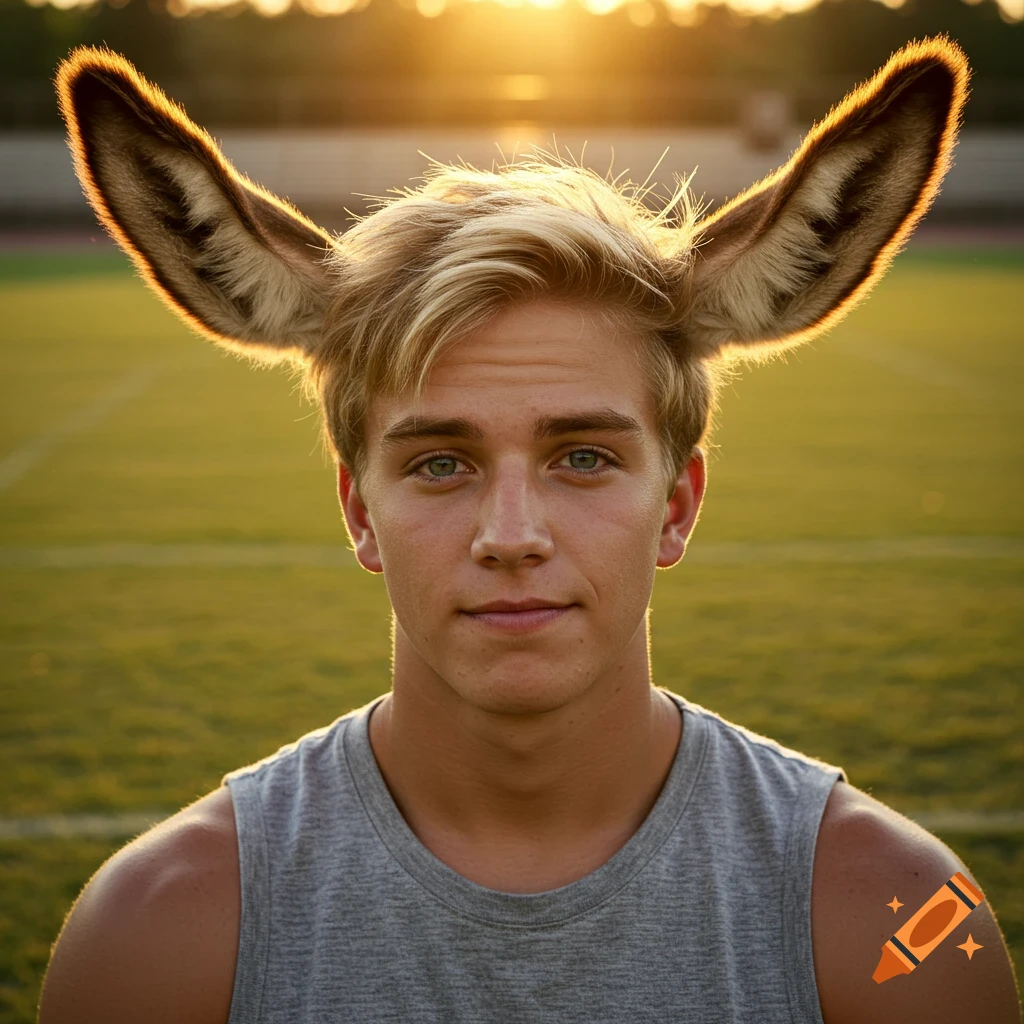 Photorealistic portrait of a blonde male jock with donkey ears on a sports field at sunset.
