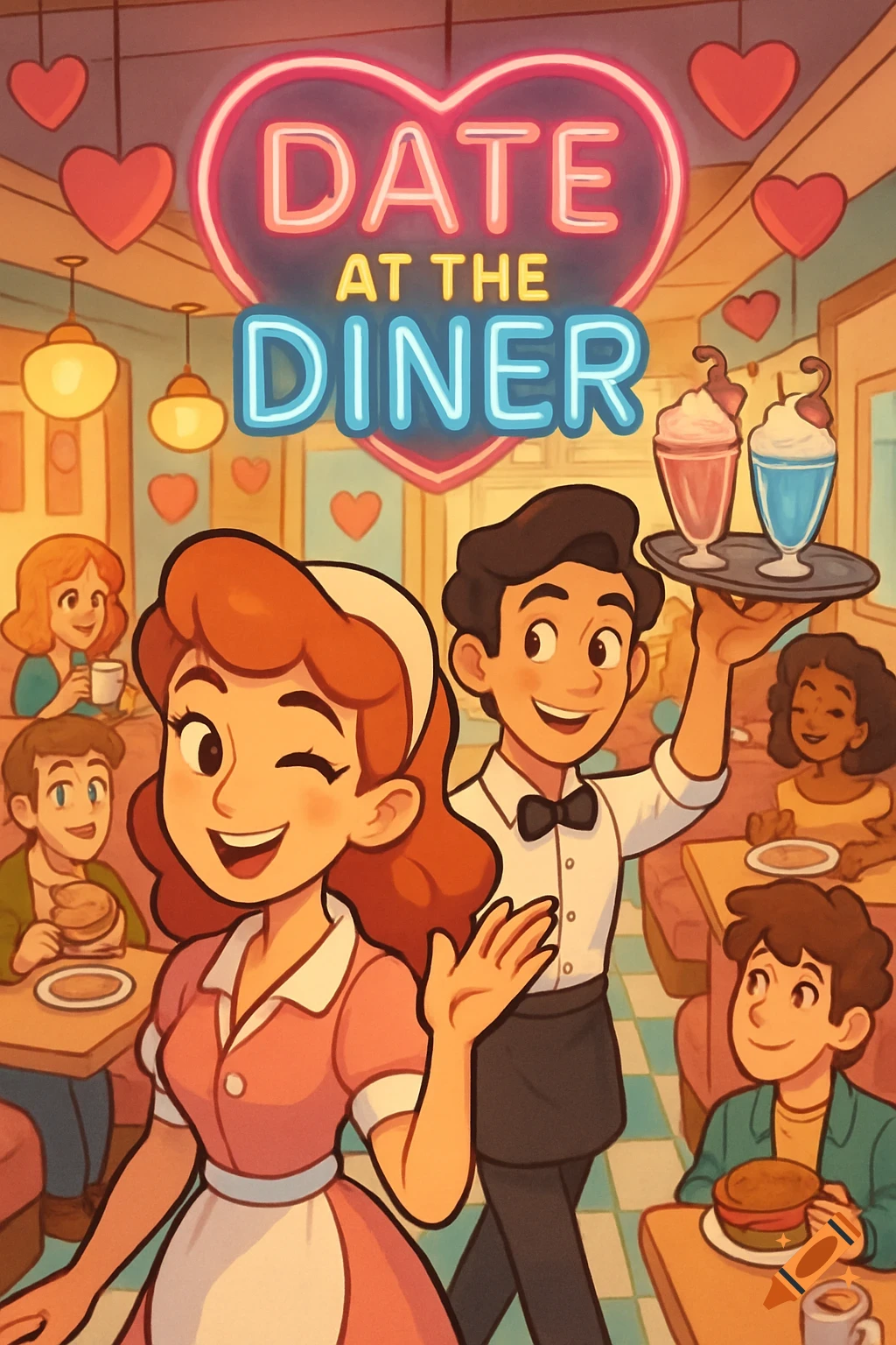Cartoon poster for a dating sim game set in a retro diner, featuring a winking waitress, a waiter with milkshakes, and various customers, with a neon sign that reads "DATE AT THE DINER."