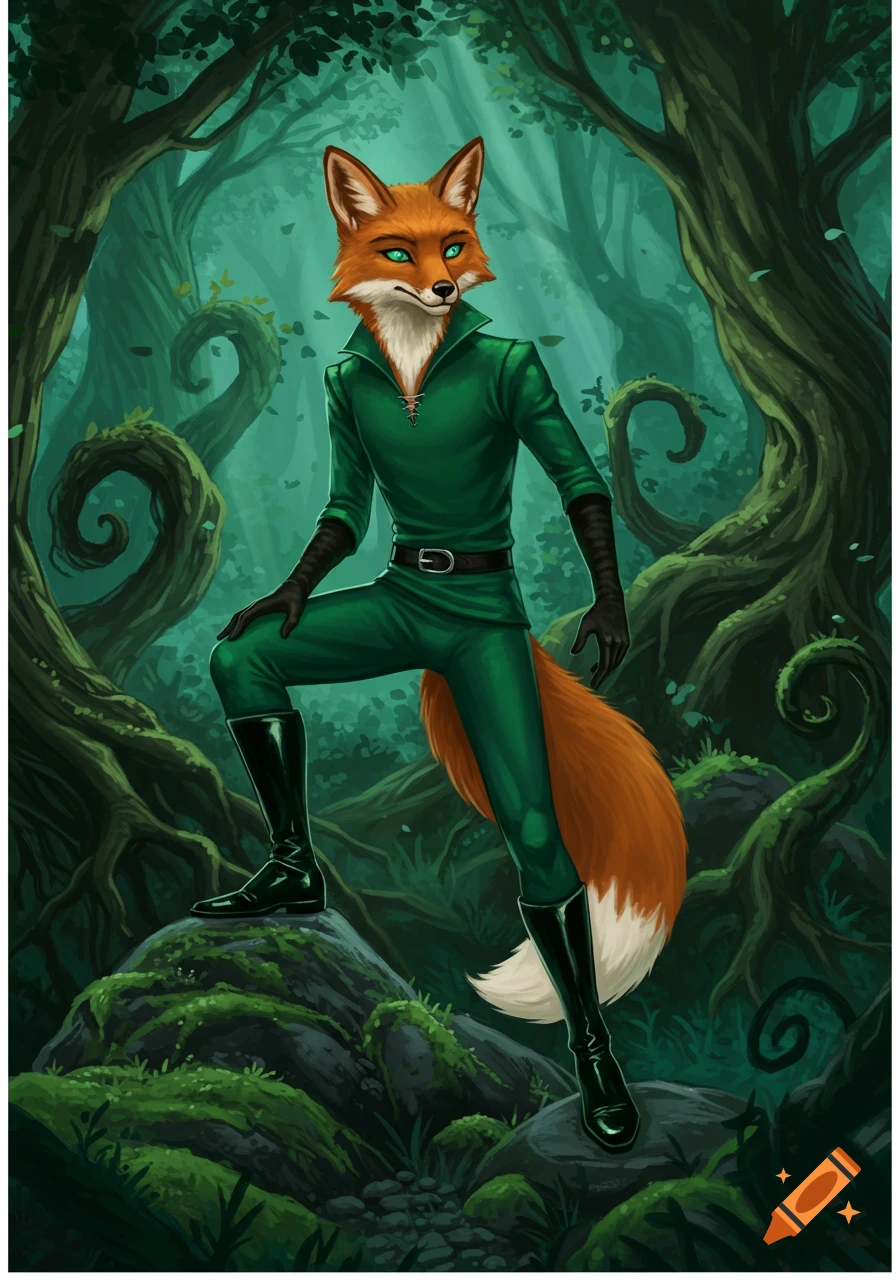 A cunning anthropomorphic fox in a green outfit and black boots stands on a mossy rock in a mystical, green forest.
