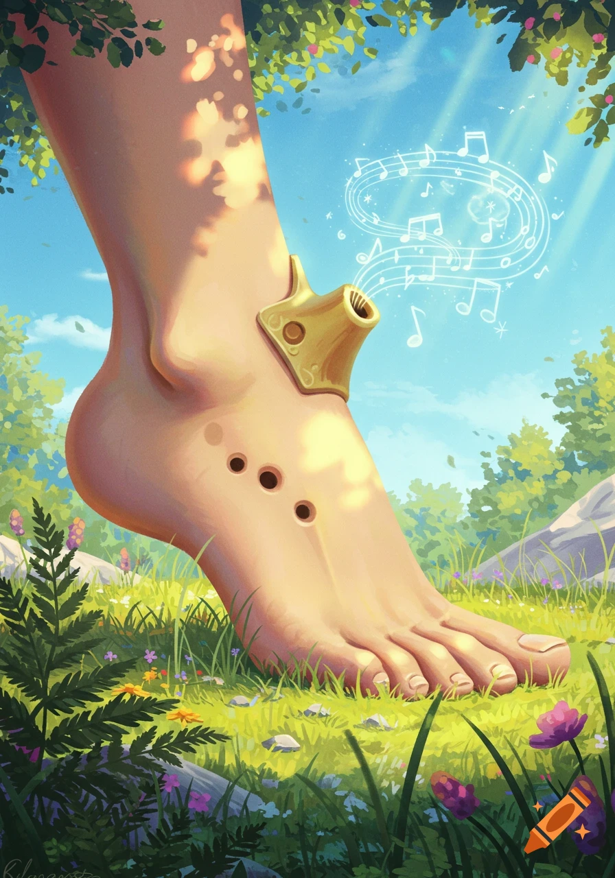 A giant foot with a golden ocarina on its ankle stands in a sunny, grassy field as musical notes float into the blue sky.