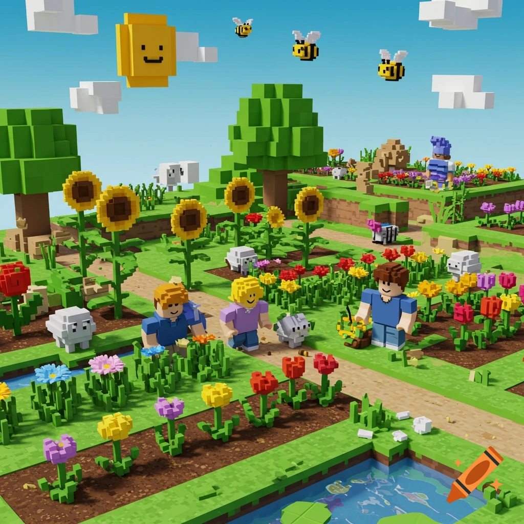 Blocky characters tend a vibrant garden with sunflowers, tulips, sheep, and bees under a sunny sky, in a Roblox-like style.
