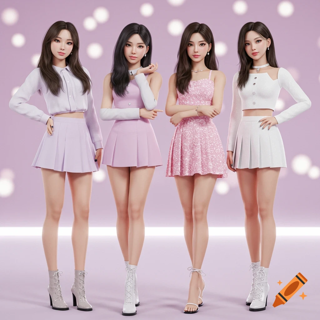 Four 3D-rendered K-pop style women in light purple and white pleated skirts pose against a soft pink bokeh background.